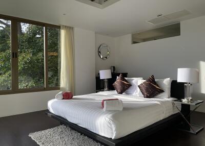 Modern bedroom with large window and double bed