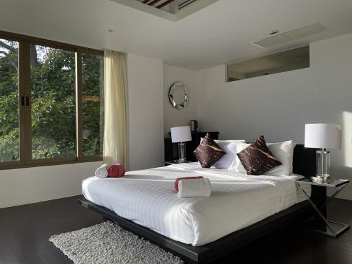 Modern bedroom with large window and double bed