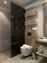 Modern bathroom with tiled shower area and wall-mounted toilet
