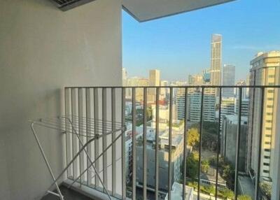 Balcony with a view of a city skyline