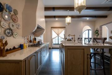 Spacious kitchen with island and decorative hanging plates