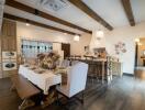 Spacious and well-lit dining area with a stylish rustic decor