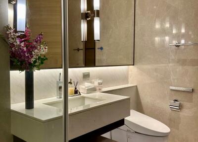 Modern bathroom with large mirror and contemporary fixtures
