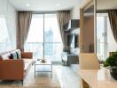 Modern living room with floor-to-ceiling windows and city view