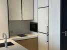 Modern kitchen with integrated appliances and white cabinets