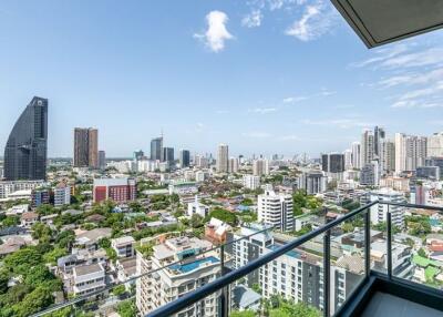 Balcony with a city skyline view