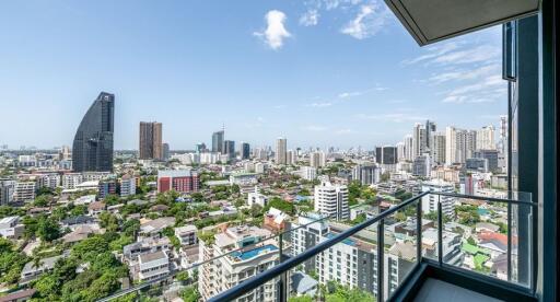 Balcony with a city skyline view