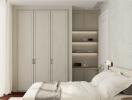 Modern bedroom with a large window and built-in wardrobes