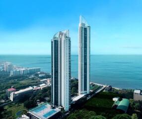 Aerial view of high-rise residential buildings by the ocean