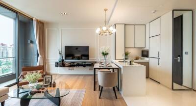 Modern living room with open kitchen and dining area