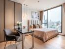 Modern bedroom with city view, featuring cozy decor and furniture