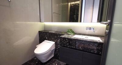 Modern bathroom with sleek black marble counter and toilet