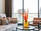 Modern living room with a large window and city view