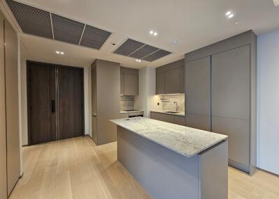 Modern kitchen with island counter and wooden flooring