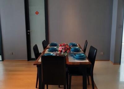 Modern dining room with set dining table and chairs