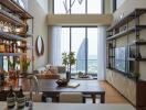 Stylish living room with a city view, modern decor, and abundant natural light