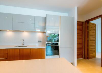 Modern kitchen with wooden and white cabinetry