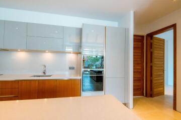 Modern kitchen with wooden and white cabinetry