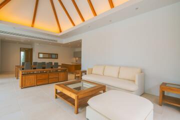 spacious modern living room with wooden furniture and high ceiling