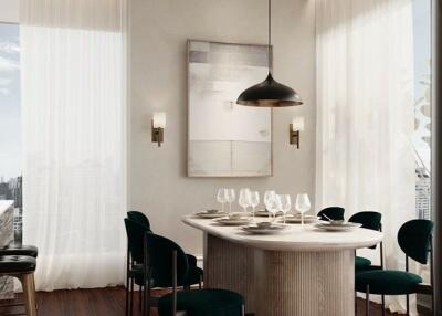 Modern dining area with a table set for six and large windows offering city views