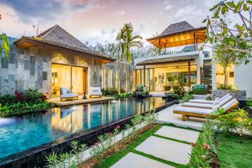 Outdoor view of a luxurious modern villa with a pool