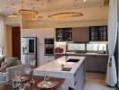 Modern kitchen with island, dining table, and appliances