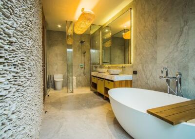 Modern luxury bathroom with freestanding bathtub and double sink