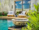 Outdoor patio with pool and seating area