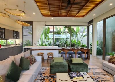 Modern open-plan living area with kitchen and outdoor view