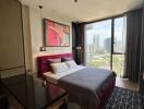 Modern bedroom with large window and city view