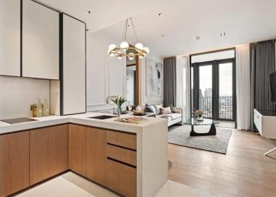 Modern kitchen and living room with city view