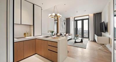 Modern kitchen and living room with city view