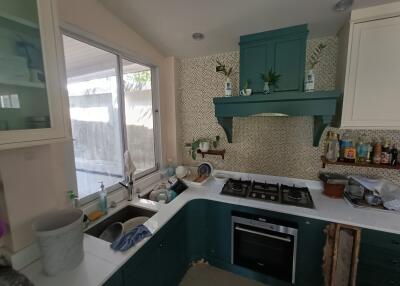 Modern kitchen with green cabinets and gas stove