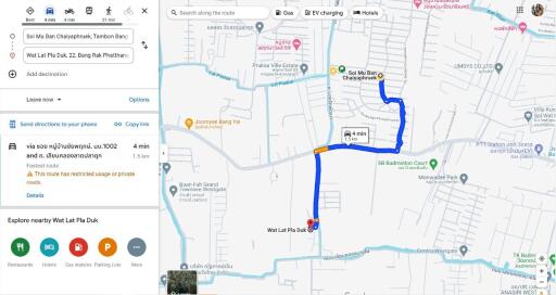 Map showing route from Soi Mu Ban Chaipanyanet to Wat Lat Pla Duk
