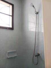 Shower area with wall-mounted showerhead and a small window