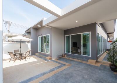 Modern patio area with outdoor seating