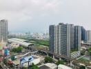 Aerial view of high-rise buildings and city infrastructure in an urban area