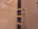 Modern shower area with built-in shelving