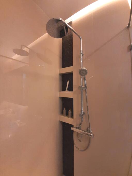 Modern shower area with built-in shelving