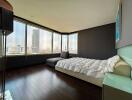 Modern bedroom with large windows and city view