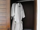 Open closet with robes and a safe