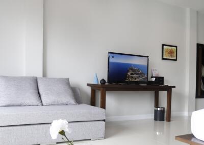 modern living room with sofa, TV, and coffee table