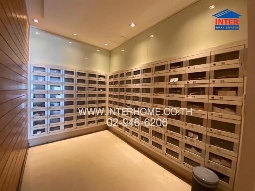 Mail room with individual mailboxes in an apartment building