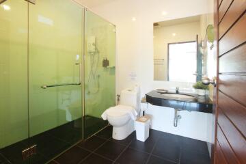 Modern bathroom with glass shower, toilet, and sink