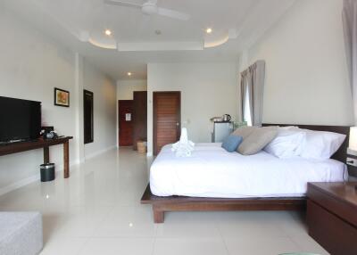 Spacious modern bedroom with white walls, double bed, ceiling fan, and a flat-screen TV.