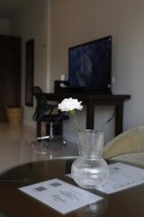 Modern living room with a work desk and a single white flower in a vase