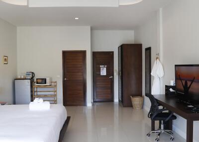 Spacious modern bedroom with amenities