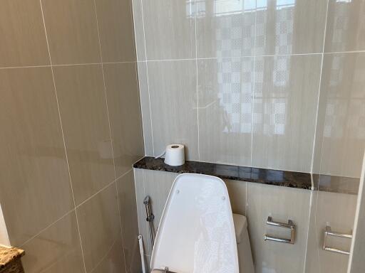 Modern bathroom with tiled walls and toilet