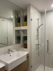 Modern bathroom with a walk-in shower and large mirror