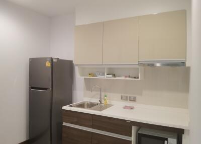 Modern kitchen with cabinets and fridge